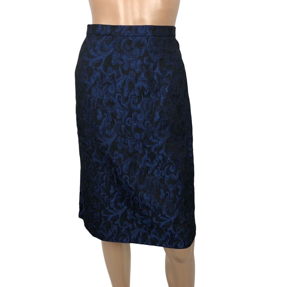 Dressbarn Metallic Floral Brocade Pencil Skirt Size 12 Blue Career Office Formal